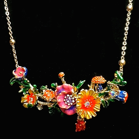 Kymyad Bohemian style enamel flower gold necklace w/ graduated gold beads. - Picture 3 of 12